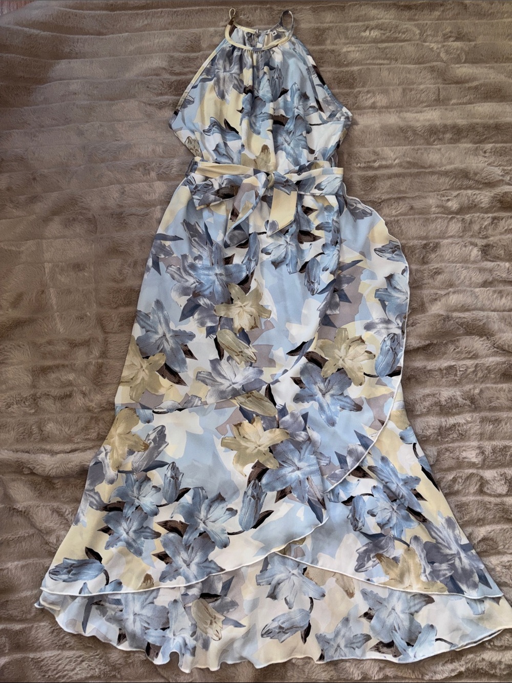 Halter Floral Midi Dress in Blue and Cream
